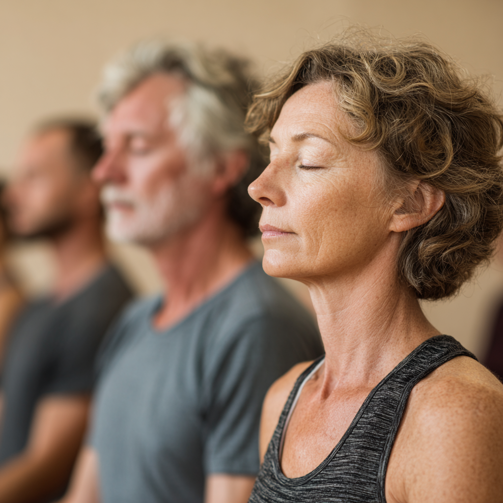 Middle-aged adults in yoga class showing peaceful expressions during meditation